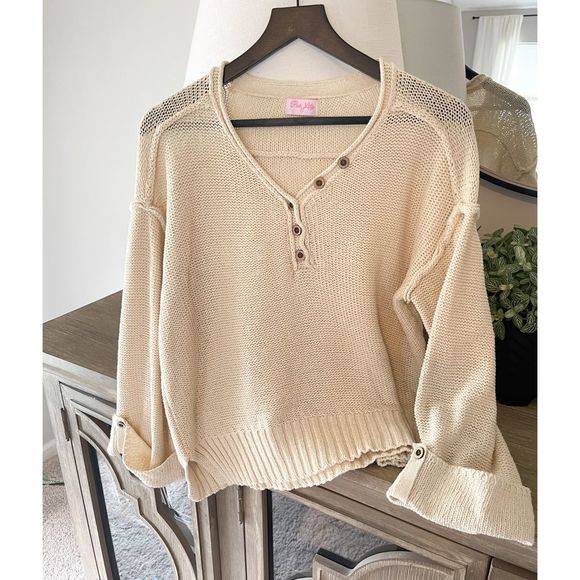 Pink Lily Sweaters - Pink Lily Womens Oversized Fitted V Neck Half Button Up Knit Sweater Pullover